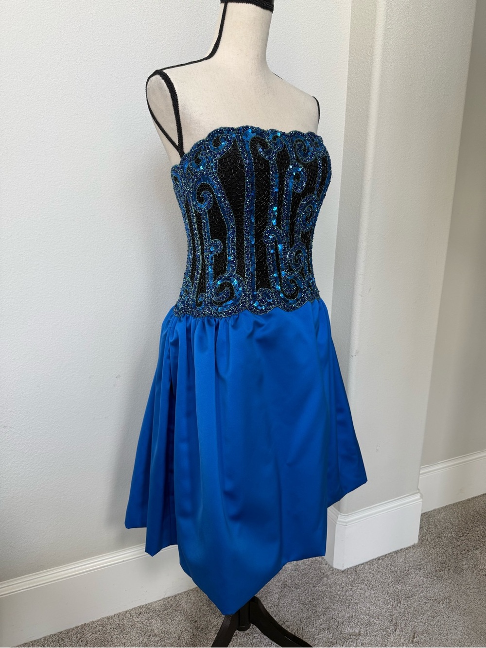 Bob Mackie Vintage Strapless Blue and Black Sequin and Beaded Cocktail Dress